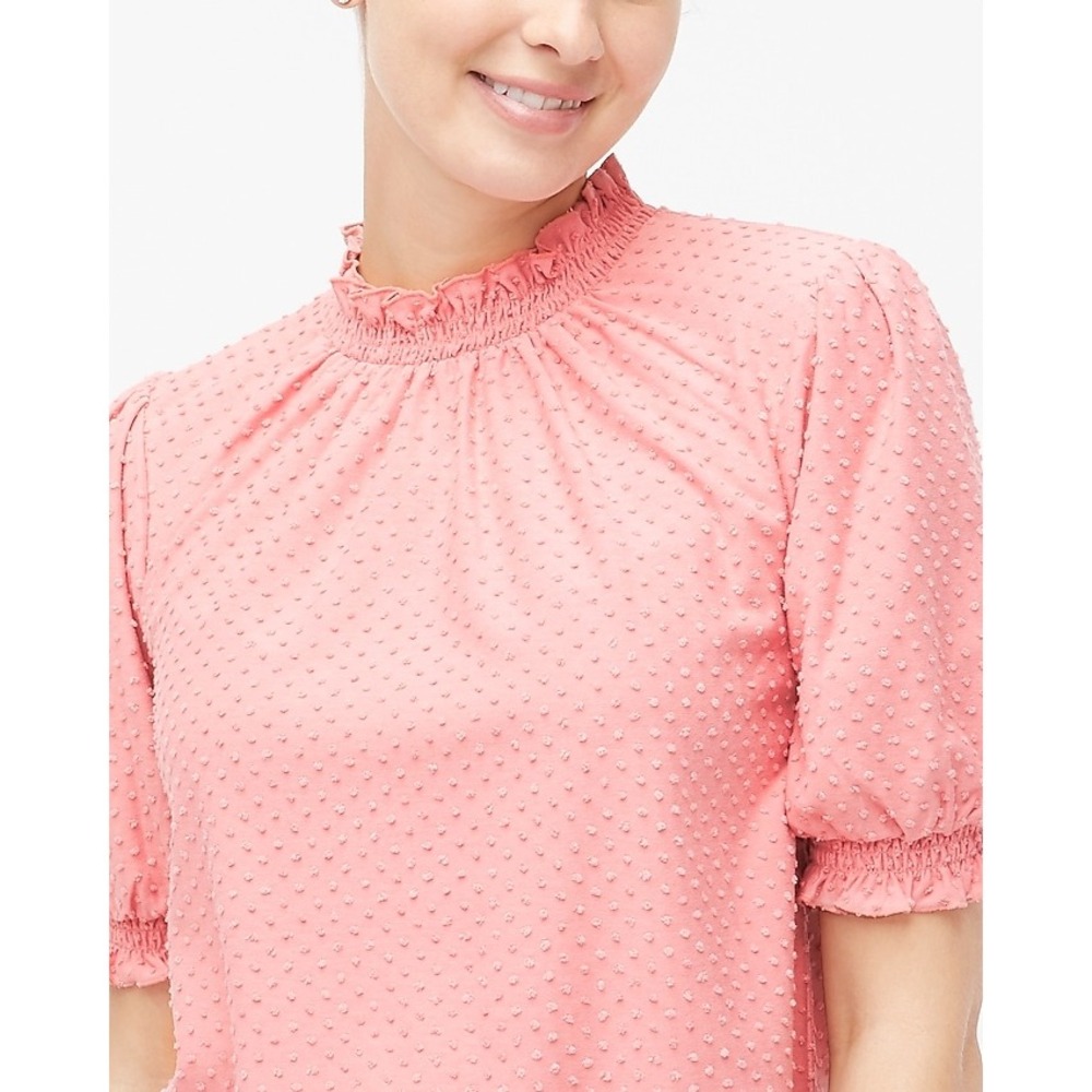 J. Crew Swiss Dot Mock Neck Puff Sleeve‎ Blouse Coral Pink Size S